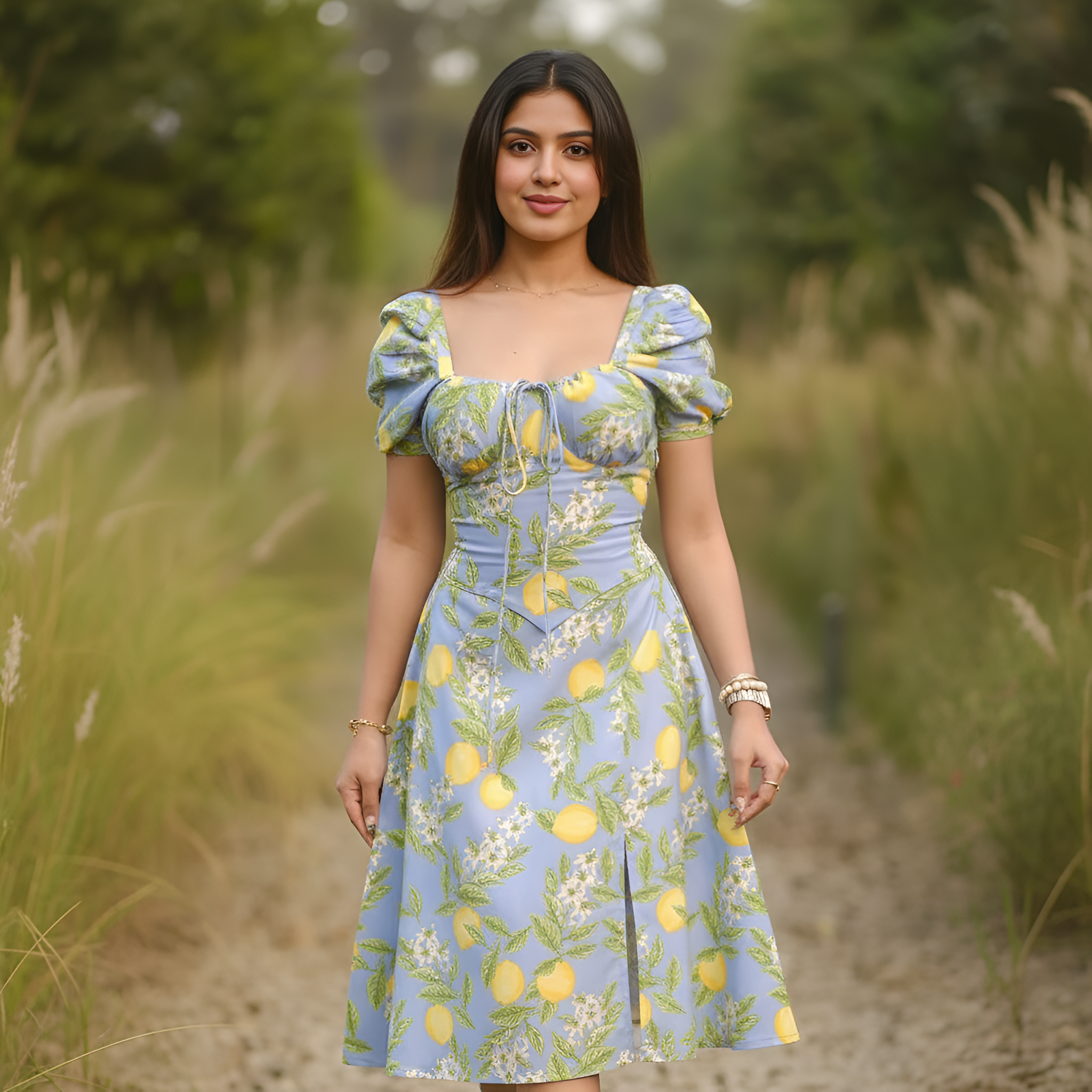 Lemon Printed Midi Dress With Puff Sleeve Detail For Women