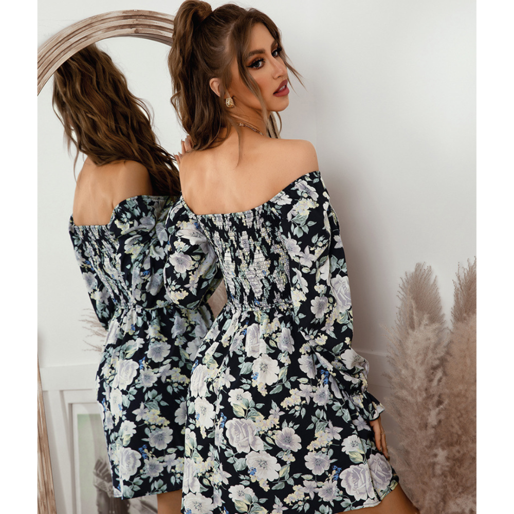 Floral Print Shirred Flounce Sleeve Dress-My Comfy Blouse