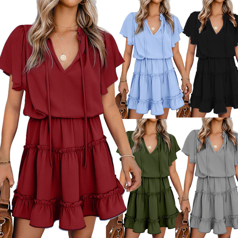 Flounce Sleeve V- Neck Casual Dress-My Comfy Blouse