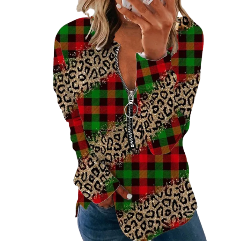 Quarter Zip Patterned Pullover-My Comfy Blouse