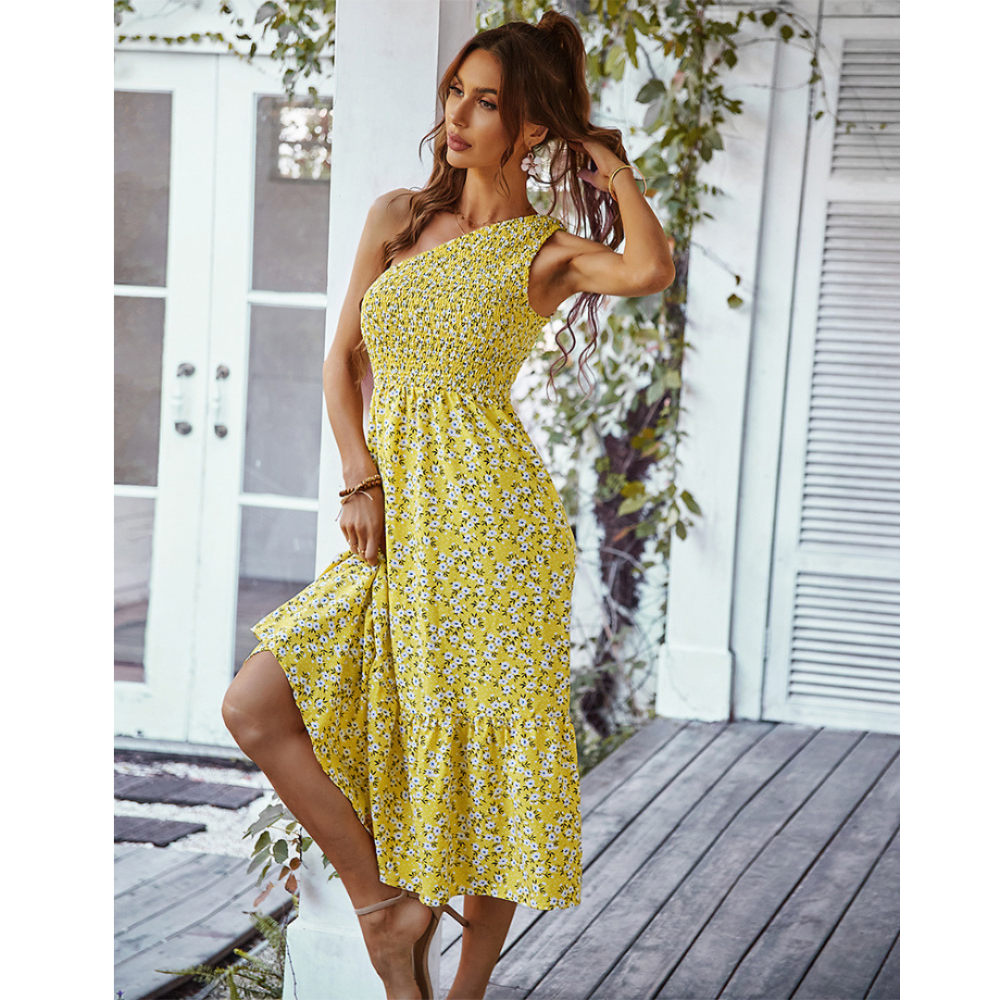 Floral One-Shoulder Shirred Dress