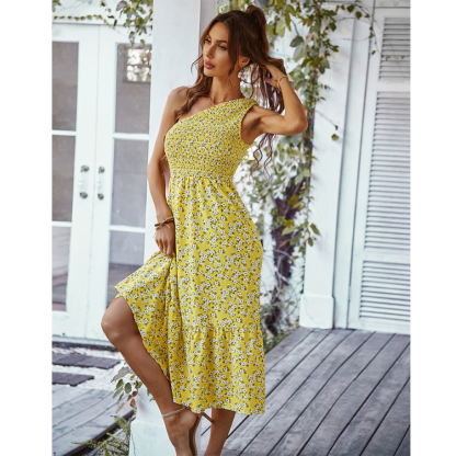 Floral One-Shoulder Shirred Dress