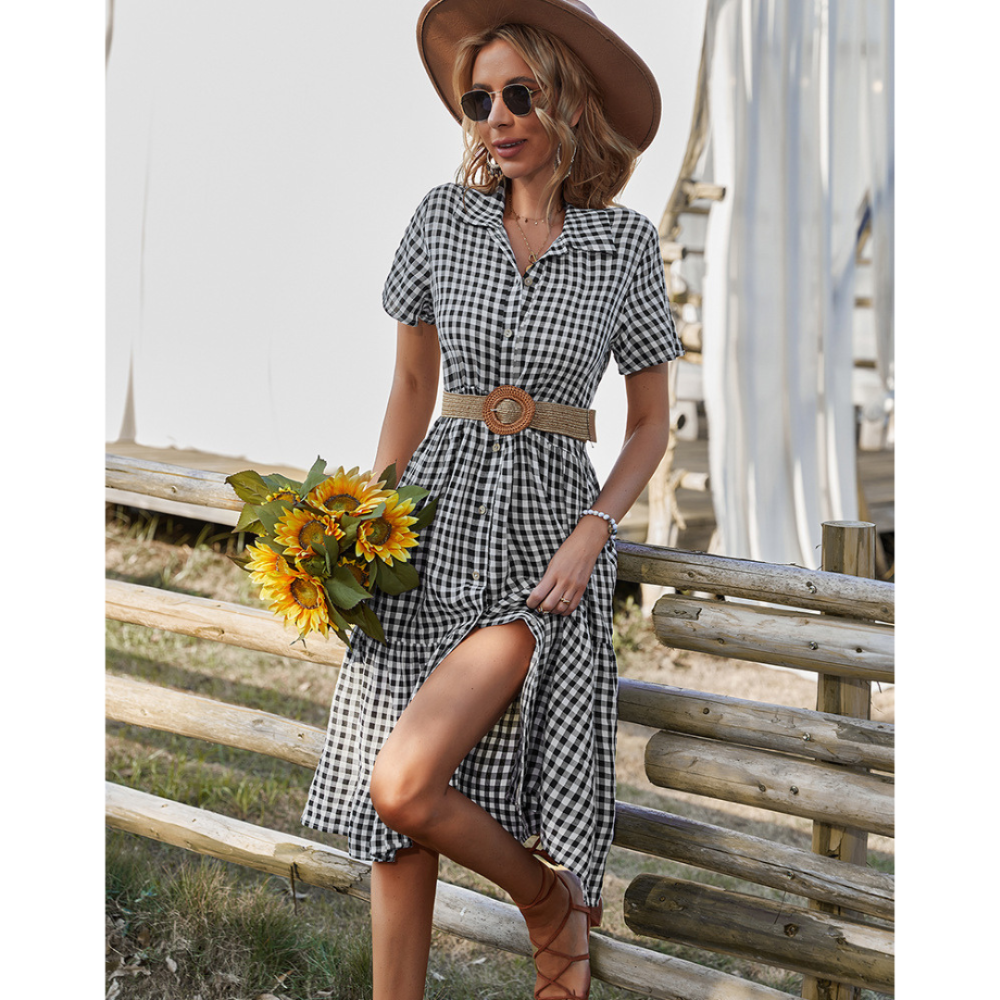 Women Buttoned Gingham Summer Dress-My Comfy Blouse