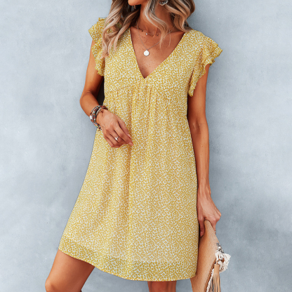 Frill Short Sleeves Knee Length Deep V-neck Casual Dress-My Comfy Blouse