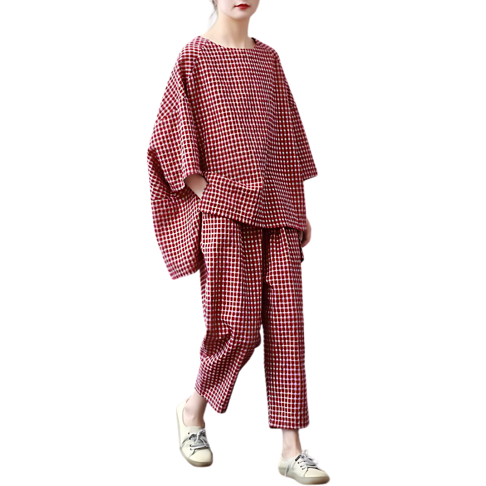Womens Gingham Loose Fit Loungewear Set-My Comfy Blouse