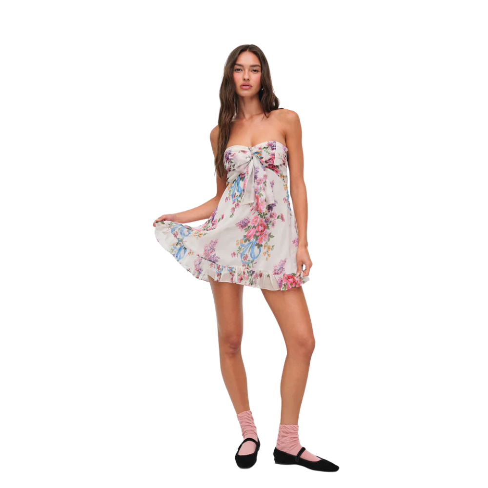 Floral Pattern Printed Strapless Mini Dress-My Comfy Blouse