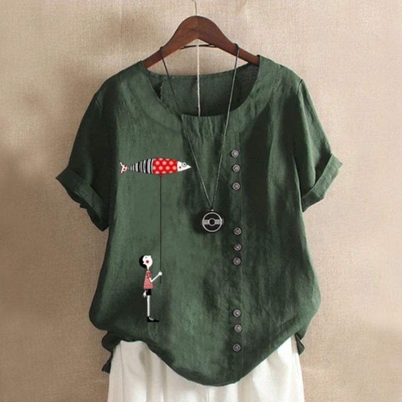 Fish Patch Button Summer Blouse
