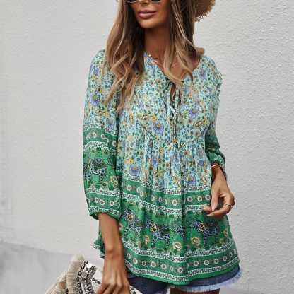 Traditional Print Front Strip Tie Blouse-My Comfy Blouse