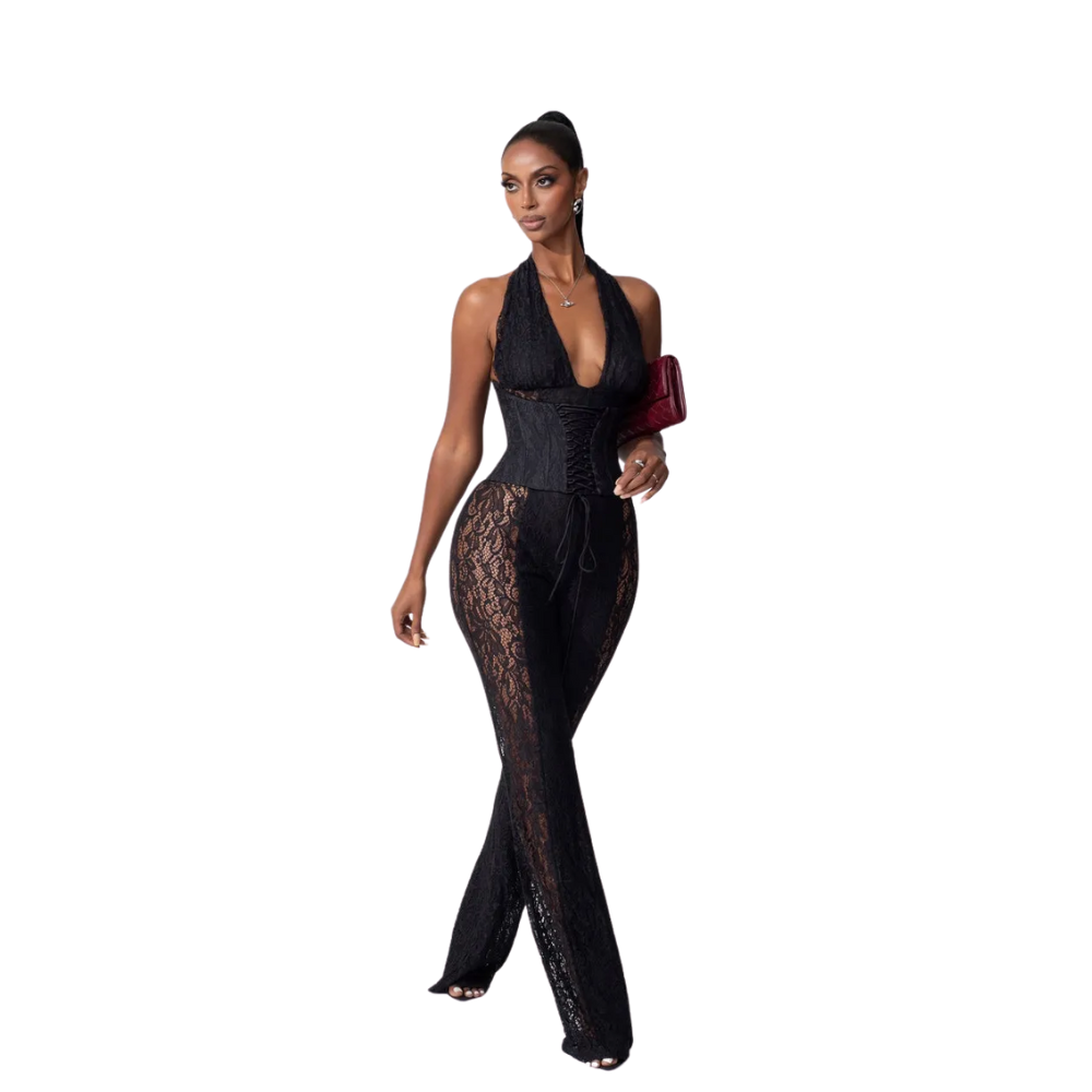 Lace Halter Jumpsuit With Corset And Sheer Panels