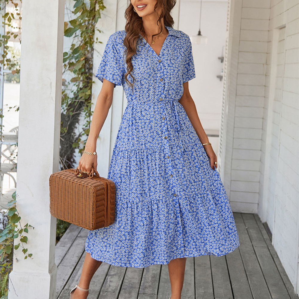 V-Neck Waist Belt Floral Print Maxi Dress-My Comfy Blouse