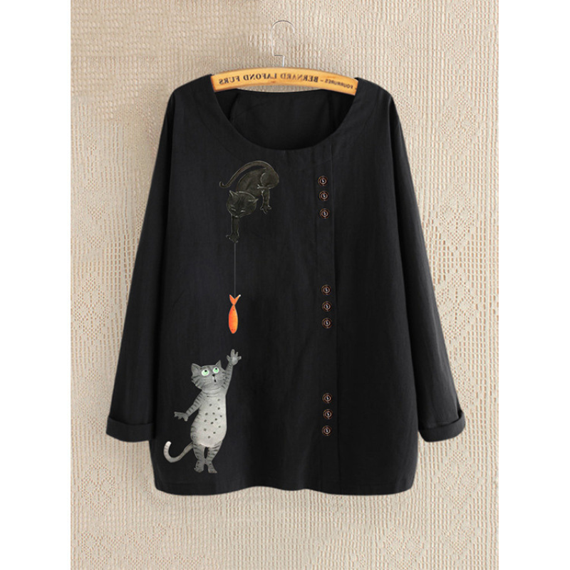 Cute Cat Print Full Sleeves Blouse-My Comfy Blouse