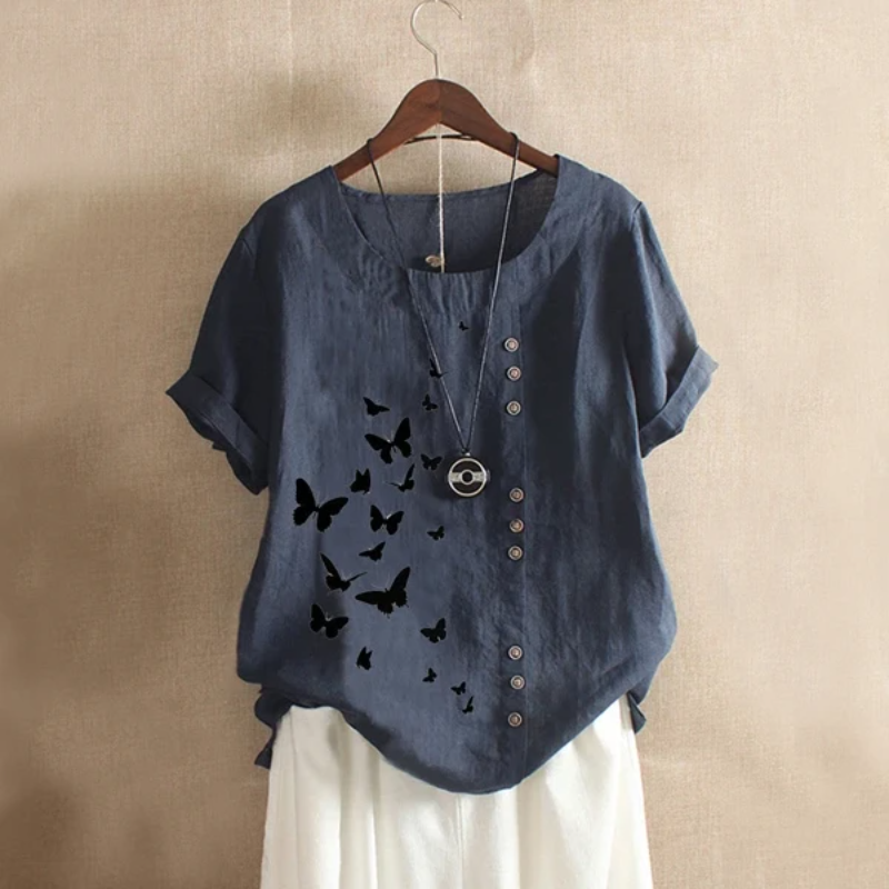 Butterflies Print Button Summer Blouse-My Comfy Blouse