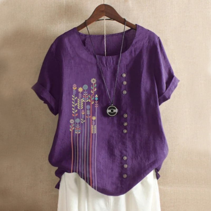 Leaf Patch Button Summer Blouse-My Comfy Blouse