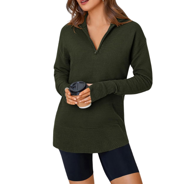 Womens Long Sleeve Quarter Zip Pullover Sweater Casual Loose V Neck Collared Ribbed Knit Jumper Tops Thumb Hole