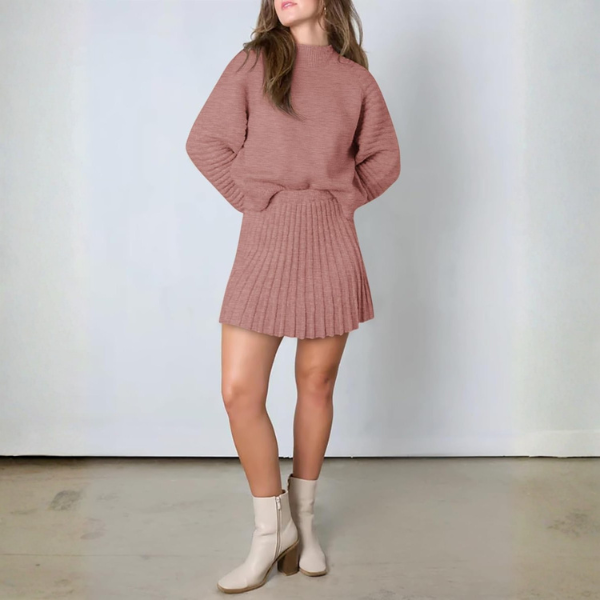 2 Piece Ribbed Knit Puff Sleeve Sweater Top And Mini Skirt Outfit Set