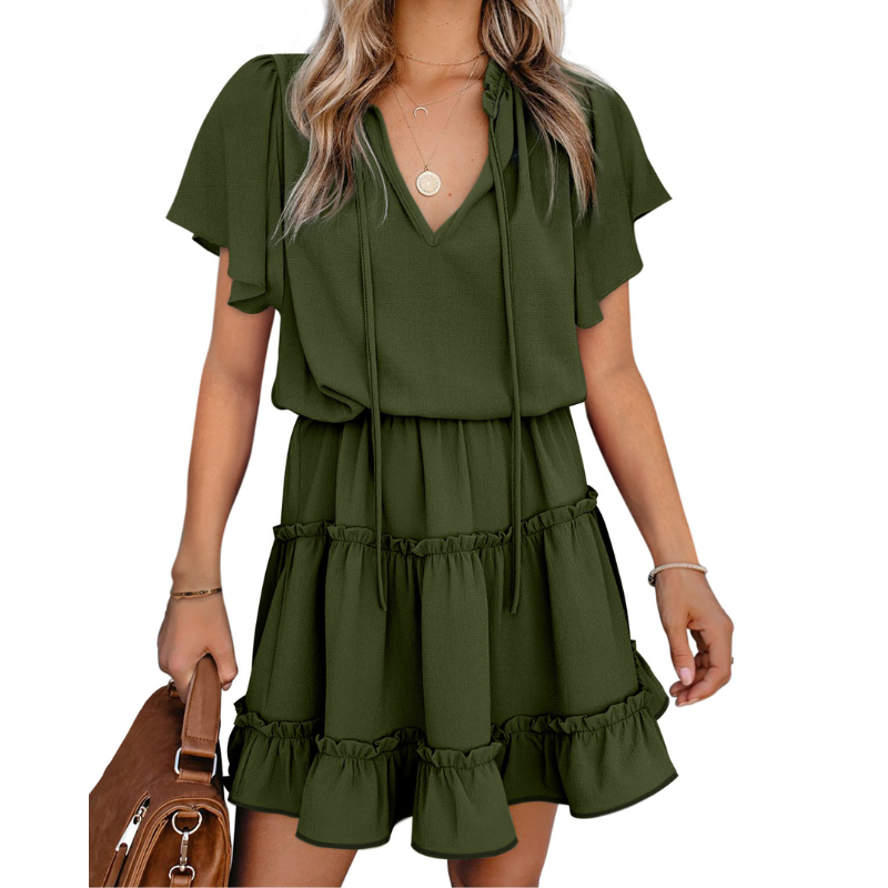 Flounce Sleeve V- Neck Casual Dress-My Comfy Blouse