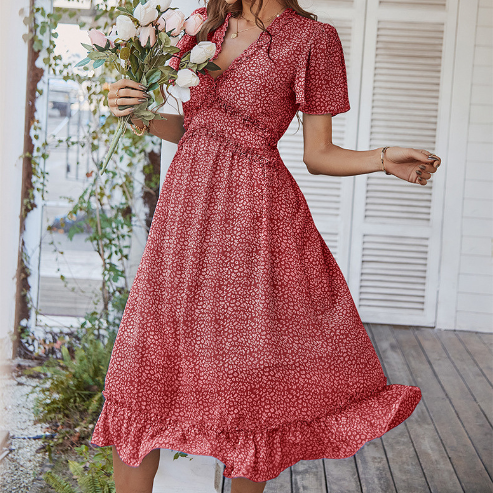 Pleated Ruffle Neck And Waist Dots Print Maxi Dress-My Comfy Blouse