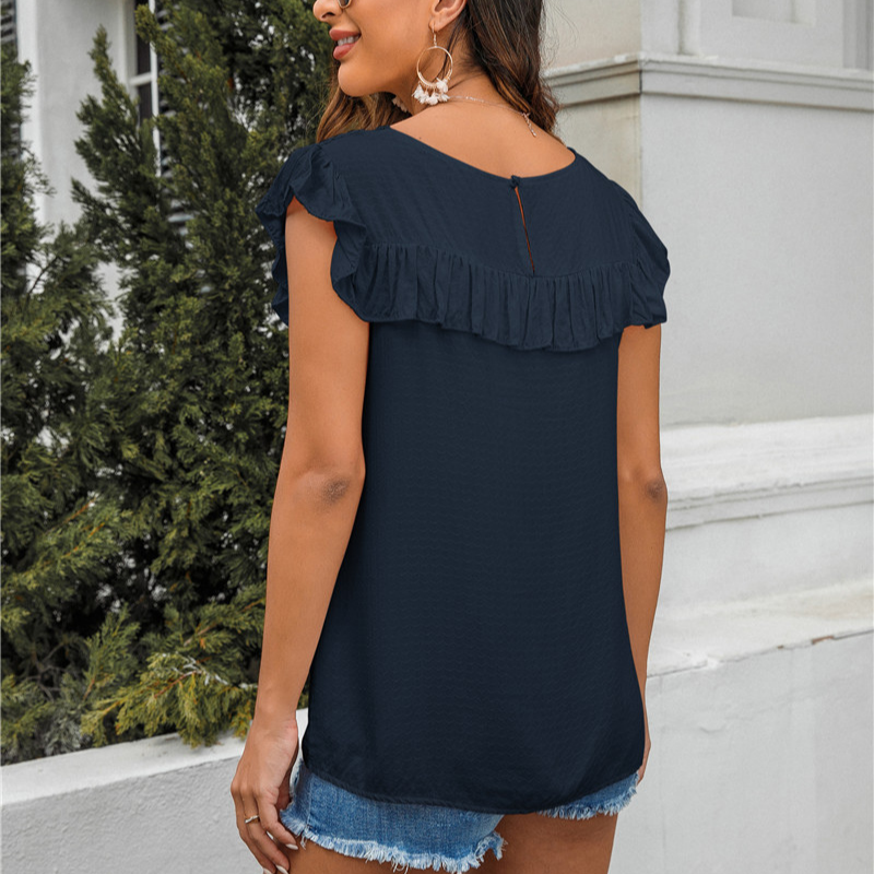 Flounce Lace Neck Design Sleeves Less Blouse-My Comfy Blouse