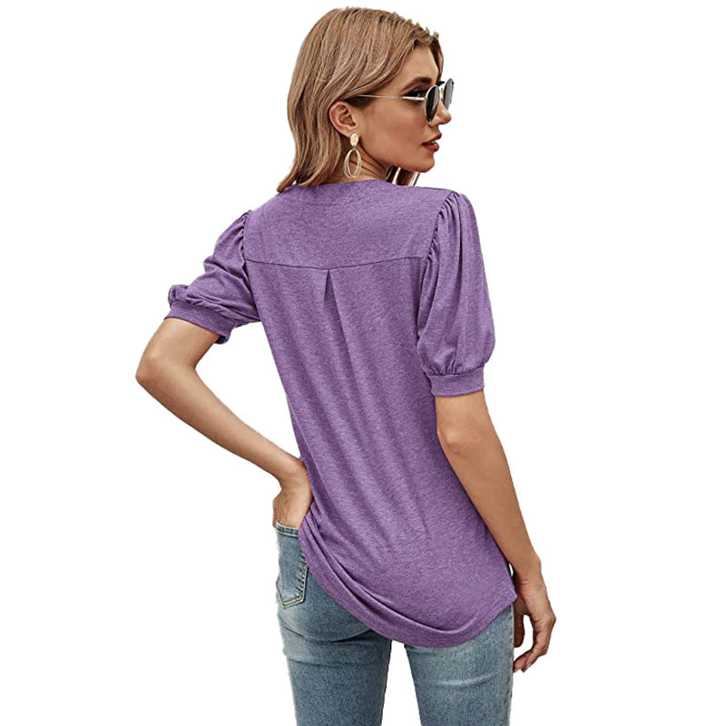 Puffed Sleeves Semi-Collar Blouse-My Comfy Blouse