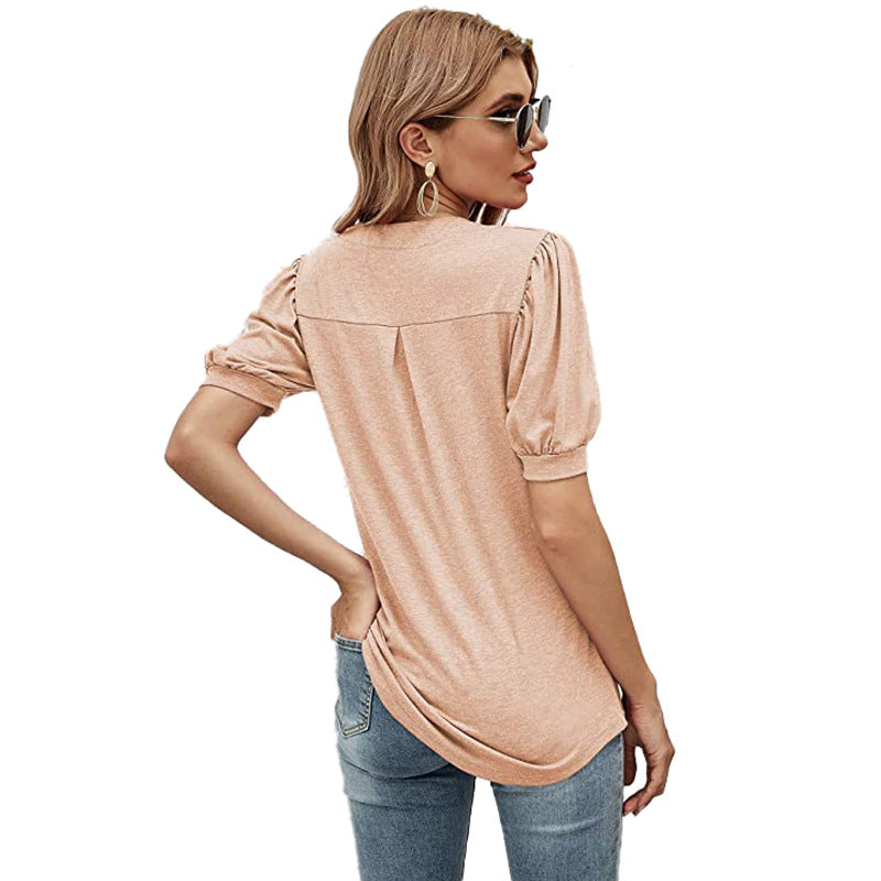Puffed Sleeves Semi-Collar Blouse-My Comfy Blouse