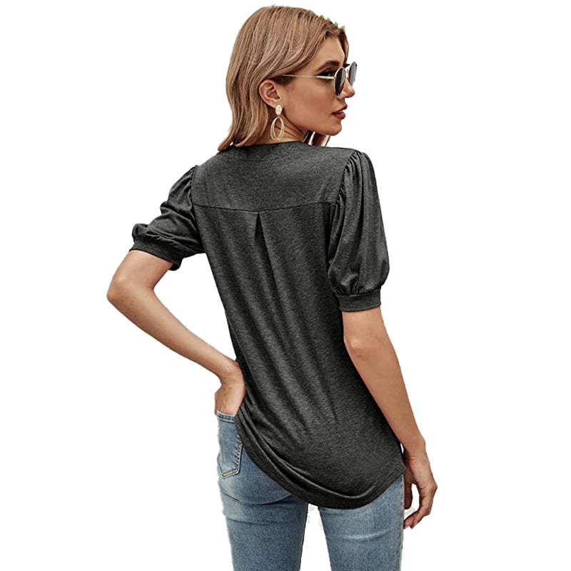 Puffed Sleeves Semi-Collar Blouse-My Comfy Blouse