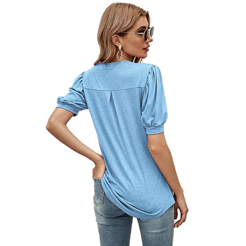 Puffed Sleeves Semi-Collar Blouse-My Comfy Blouse