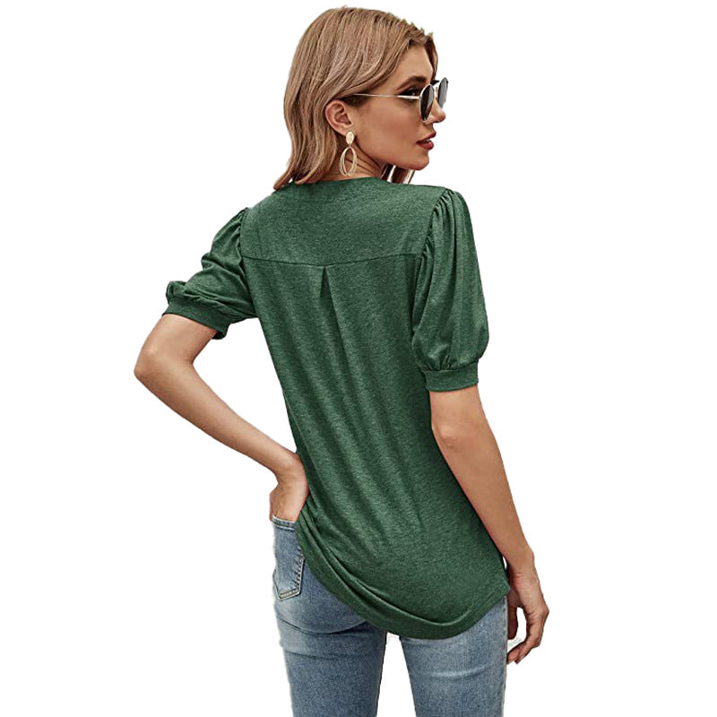 Puffed Sleeves Semi-Collar Blouse-My Comfy Blouse