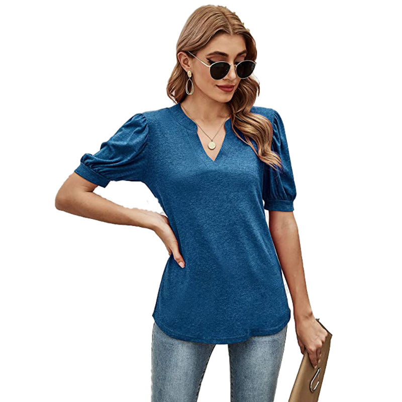 Puffed Sleeves Semi-Collar Blouse-My Comfy Blouse