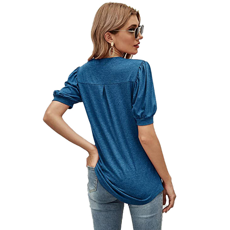 Puffed Sleeves Semi-Collar Blouse-My Comfy Blouse