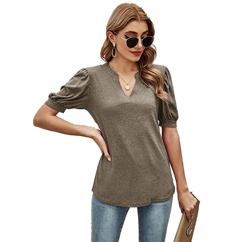 Puffed Sleeves Semi-Collar Blouse-My Comfy Blouse