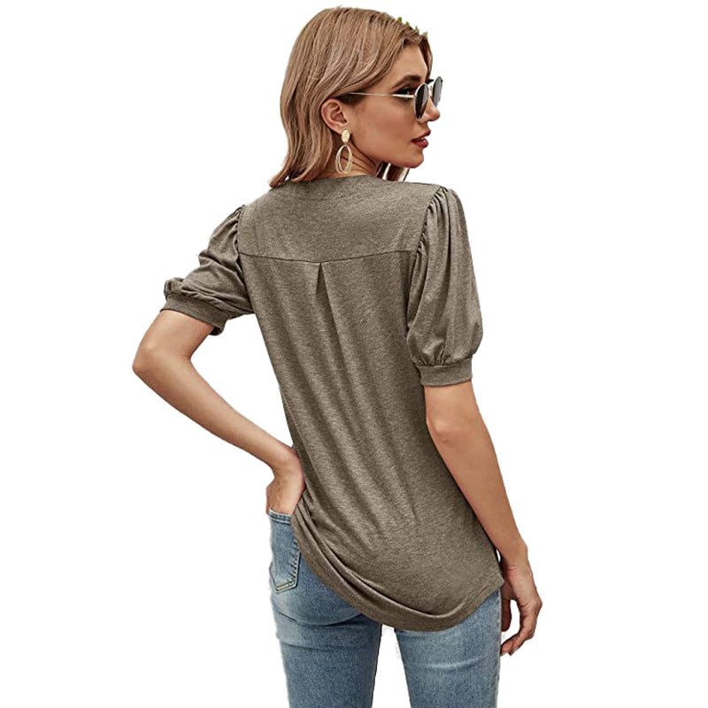Puffed Sleeves Semi-Collar Blouse-My Comfy Blouse