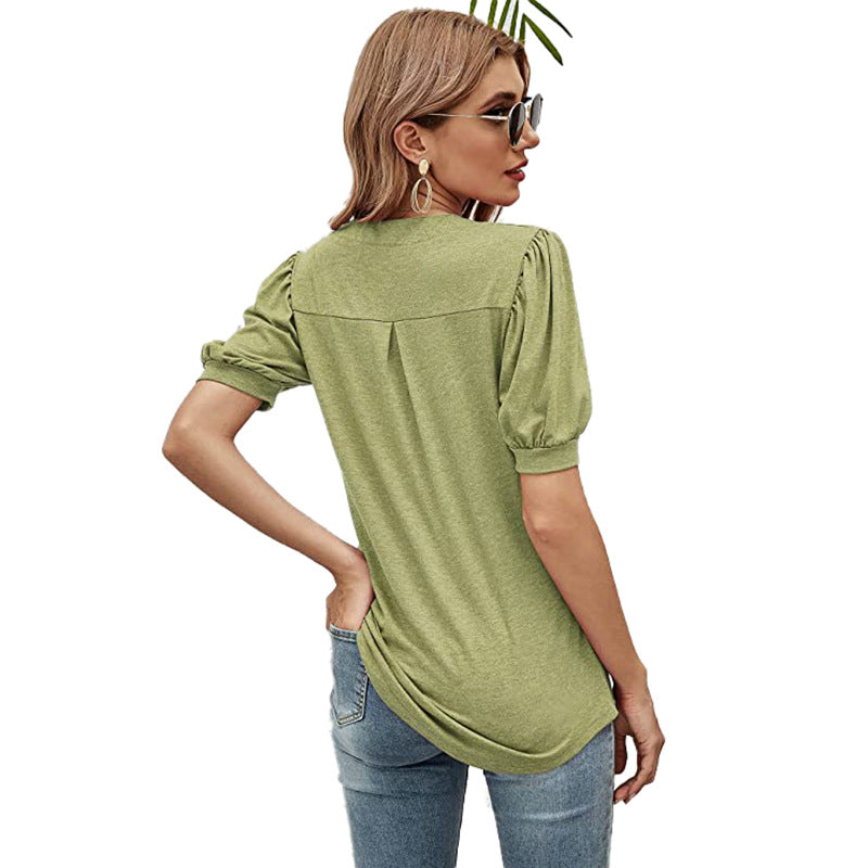 Puffed Sleeves Semi-Collar Blouse-My Comfy Blouse