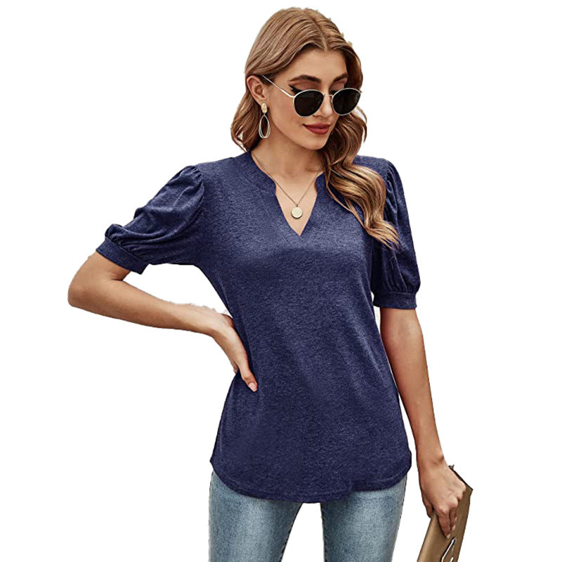 Puffed Sleeves Semi-Collar Blouse-My Comfy Blouse