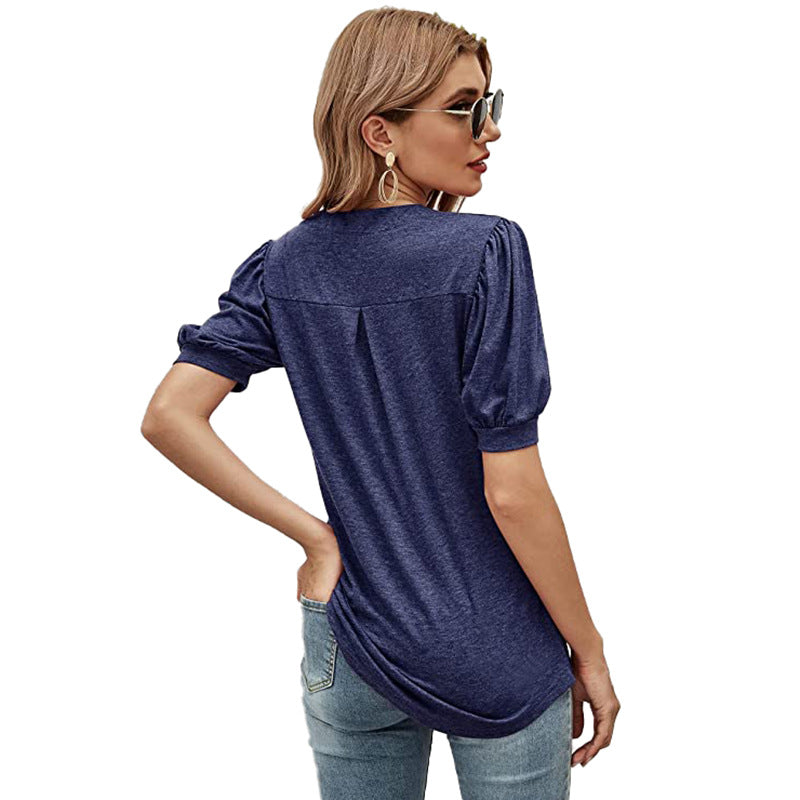 Puffed Sleeves Semi-Collar Blouse-My Comfy Blouse