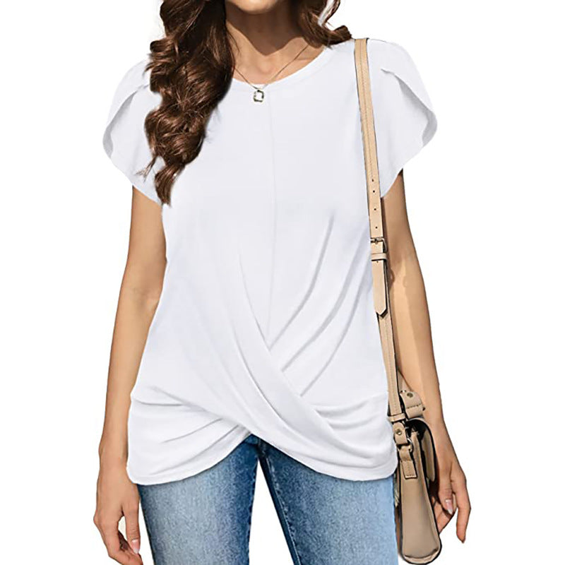 Cross Flounce Hem Short Sleeves Blouse-My Comfy Blouse
