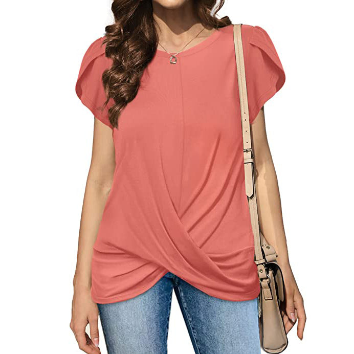 Cross Flounce Hem Short Sleeves Blouse