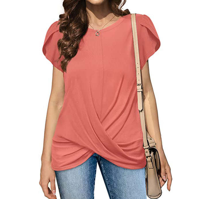 Cross Flounce Hem Short Sleeves Blouse