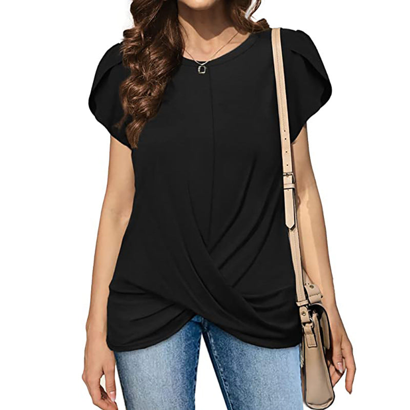Cross Flounce Hem Short Sleeves Blouse-My Comfy Blouse