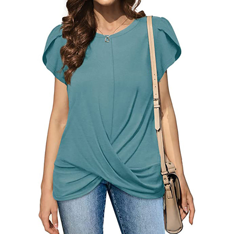Cross Flounce Hem Short Sleeves Blouse-My Comfy Blouse