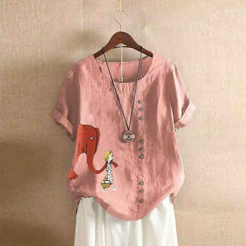Girl And Elephant Print Vintage Blouse-My Comfy Blouse