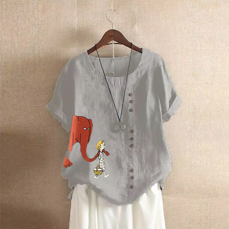 Girl And Elephant Print Vintage Blouse-My Comfy Blouse