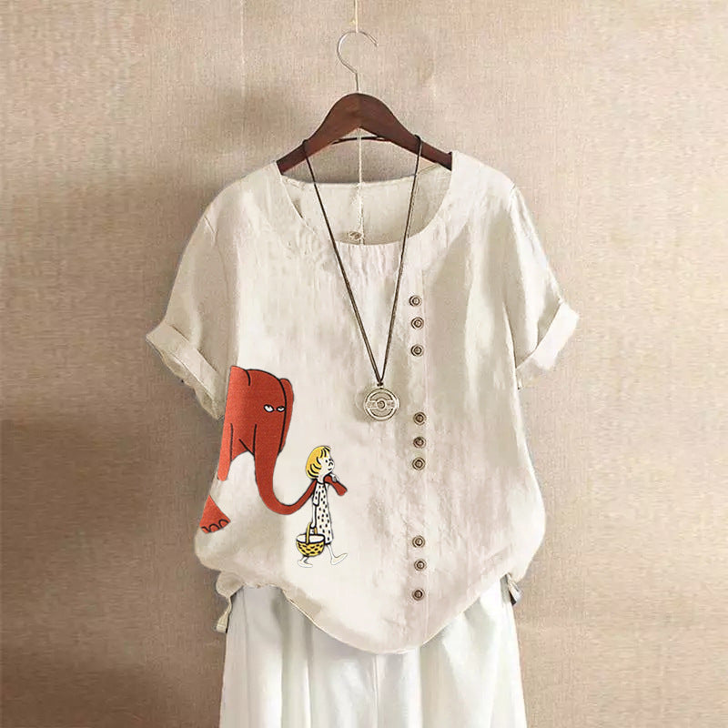 Girl And Elephant Print Vintage Blouse-My Comfy Blouse