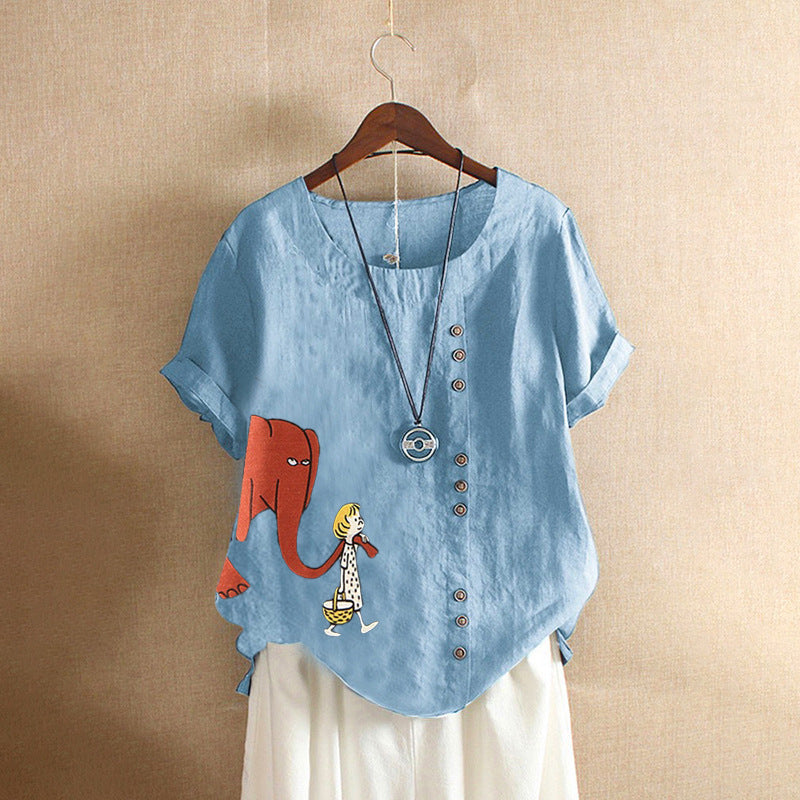 Girl And Elephant Print Vintage Blouse-My Comfy Blouse