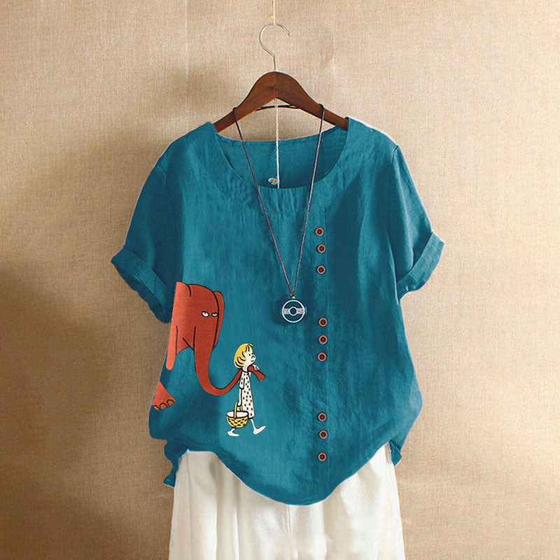 Cute Elephant And Girl Print Vintage Blouse-My Comfy Blouse
