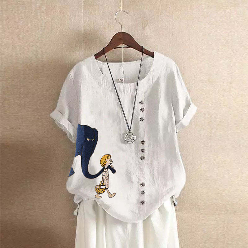 Cute Girl And Elephant Print Vintage Blouse