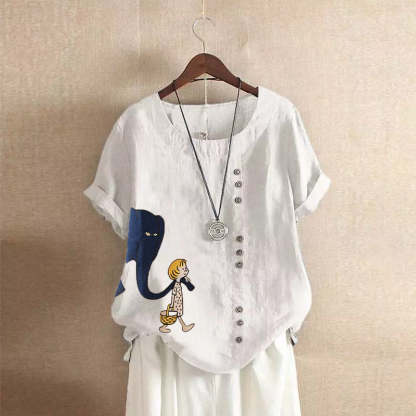 Cute Girl And Elephant Print Vintage Blouse