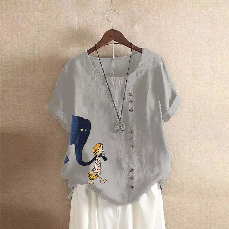 Cute Girl And Elephant Print Vintage Blouse