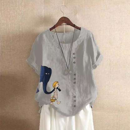 Cute Girl And Elephant Print Vintage Blouse