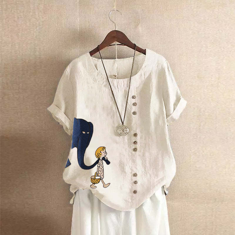 Cute Girl And Elephant Print Vintage Blouse