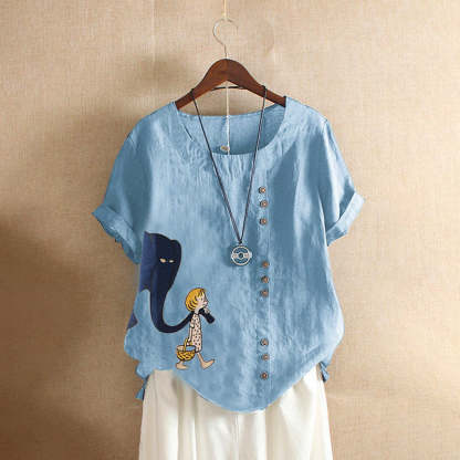 Cute Girl And Elephant Print Vintage Blouse